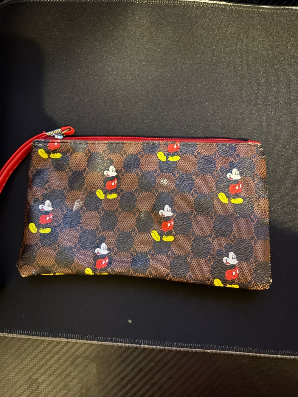 Brown Patterned Mickey Mouse Wristlet Toiletry Pouch with Red Trim